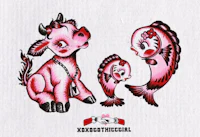 a tattoo of a cow and a fish on a white piece of paper
