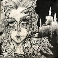a black and white drawing of a woman with a raven