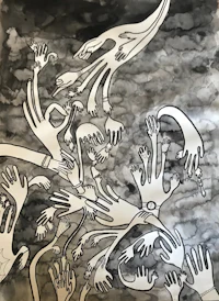 a drawing of a group of people reaching for each other