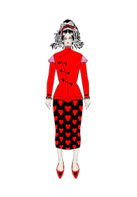 a woman dressed in red with hearts on her head