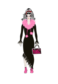 an illustration of a woman in a black dress with pink fur